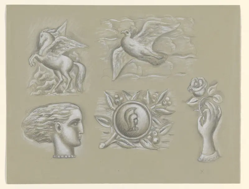 Pegasus, duif, vrouwenhoofd, wapen en hand met roos Wall Art by Leo Gestel - High-Resolution Digital Print