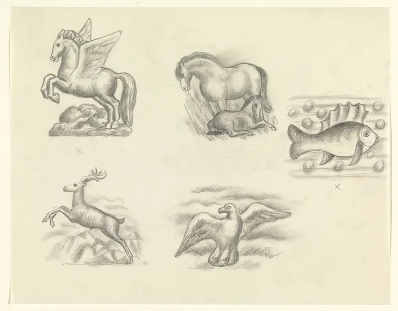 Pegasus, paard met veulen, vis, hert en een meeuw Wall Art by Leo Gestel - High-Resolution Digital Print