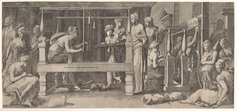 Penelope standing in the centre by a large weaving table amongst her women spinning and weaving Wall Art by Master FG - High-Resolution Digital Print