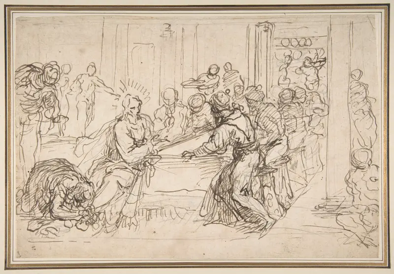 Penitent Woman Anointing the Feet of Christ at the Table of Simon the Pharisee Wall Art by Jacopo Palma the Younger - High-Resolution Digital Print