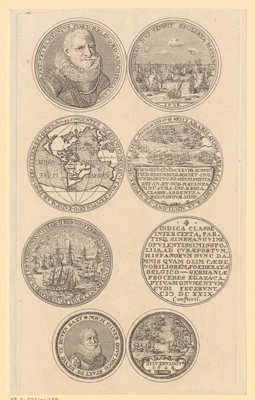 Penningen met portretten van Piet Hein, de zilvervloot en een kaart van Amerika Wall Art by anonymous - High-Resolution Digital Print