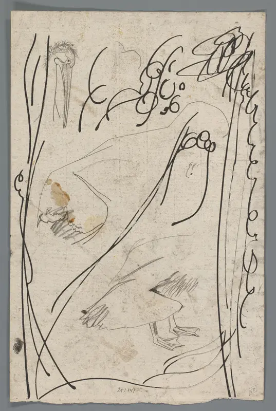 Penoefeningen en een kop en voeten van een vogel, mogelijk een pelikaan Wall Art by Gerrit Willem Dijsselhof - High-Resolution Digital Print