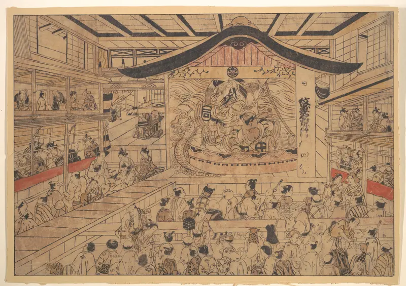 Perpsective View (uki-e) of a Kabuki Theatre, with a Performance of  The Crest Patterns of the Soga Brothers and Nagoya Sanza (Mon-zukushi Nagoya Soga)
