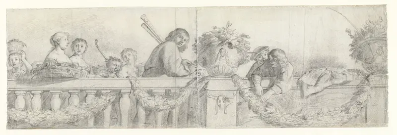 Personen op een balustrade met festoenen Wall Art by Cornelis Holsteyn - High-Resolution Digital Print