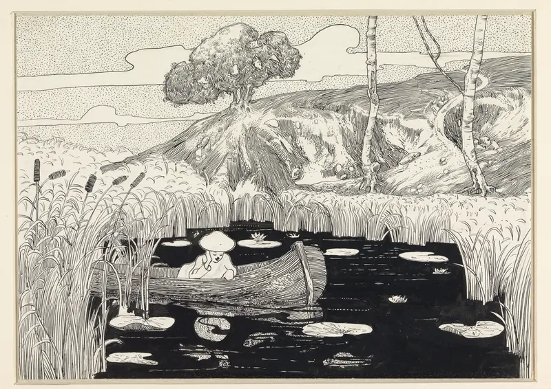 Persoon in boot starend in het water van een vijver met waterlelies Wall Art by C. Lapine - High-Resolution Digital Print