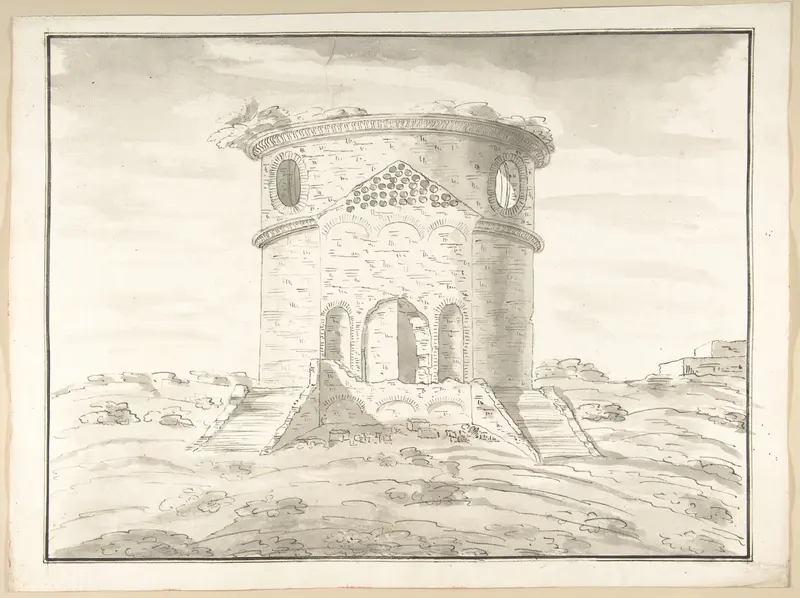Perspective of a Rendering Round Temple in Ruins (probably Tempio della Speranza) Wall Art by Pietro Paolo Coccetti (Cocchetti) - High-Resolution Digital Print