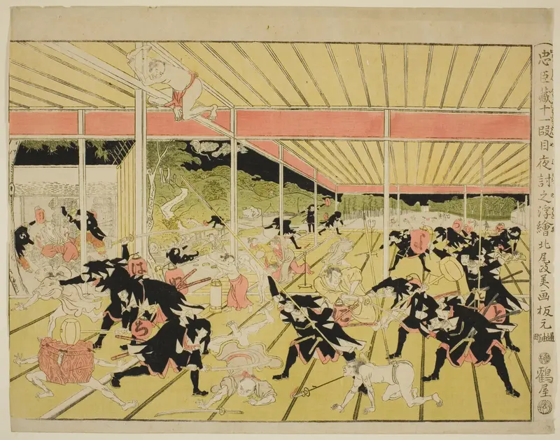 Perspective Picture of the Night Attack from Act XI of the Storehouse of Loyal Retainers (Chushingura juichidanme youchi no uki-e)