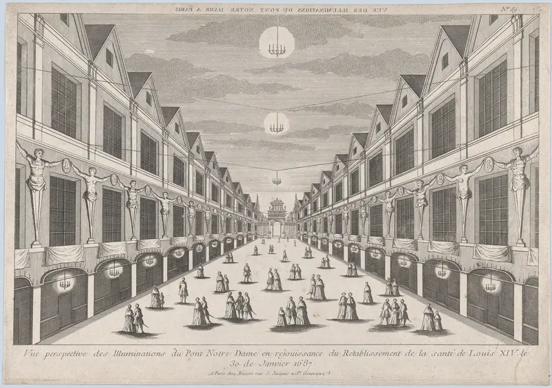 Perspective view of the Illuminations on the Pont Notre Dame, in celebration of the recovery of the health of Louis XIV, January 30, 1687 Wall Art by Anonymous - High-Resolution Digital Print