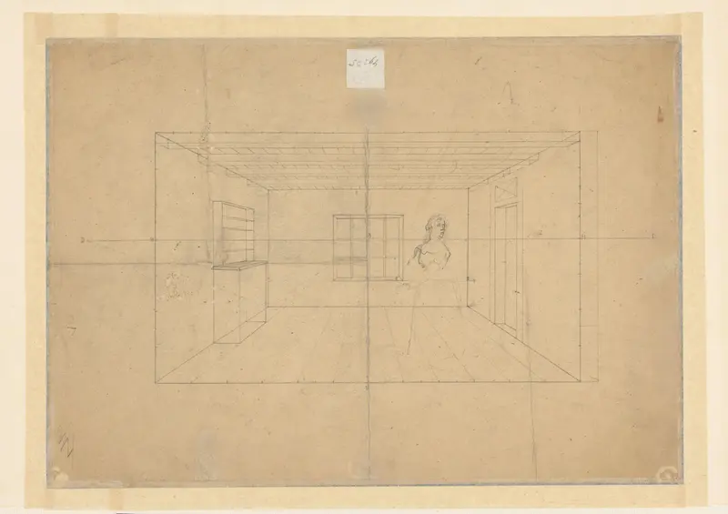 Perspectivische studie van een ruimte, met een staande vrouw Wall Art by Ludwig Munthe - High-Resolution Digital Print