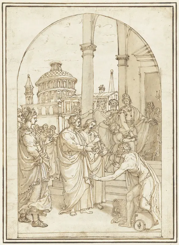 Petrus en Johannes genezen een verlamde man bij de tempelpoort Wall Art by Unknown - High-Resolution Digital Print