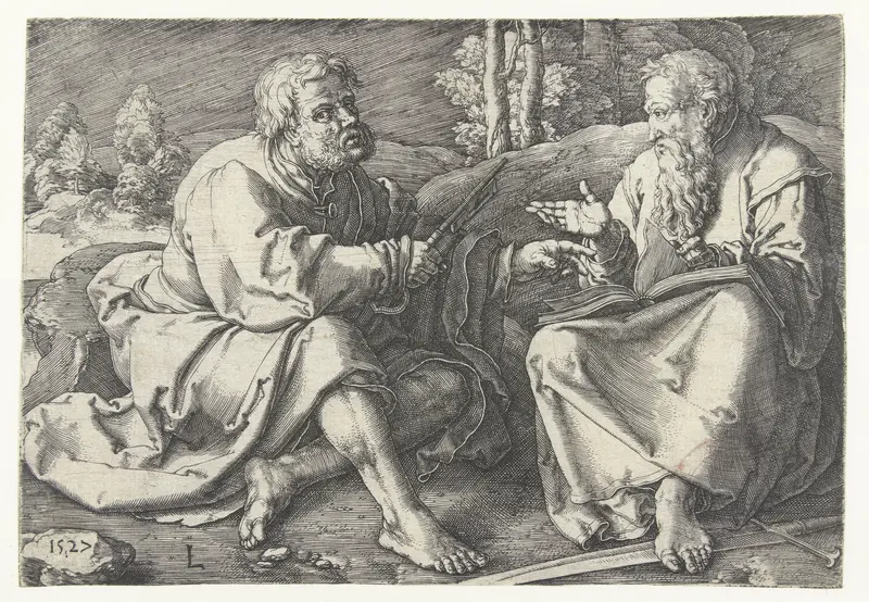 Petrus en Paulus zittend in een landschap Wall Art by Unknown - High-Resolution Digital Print