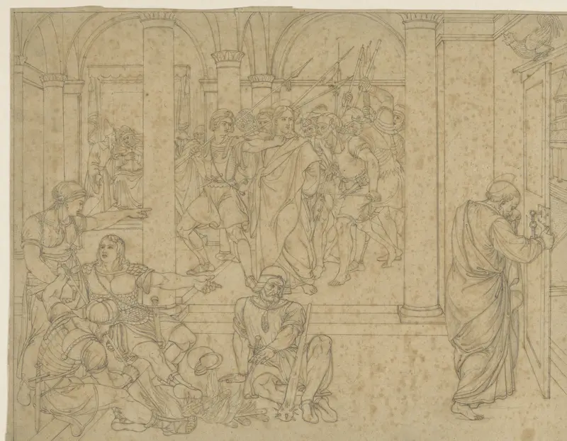 Petrus verloochent Christus, voorgesteld in de hal van het gerechtsgebouw Wall Art by Joseph von Führich - High-Resolution Digital Print