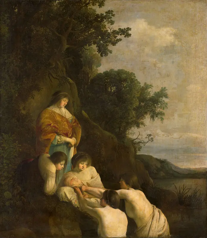 Pharaoh's Daughter Discovers Moses in the Rush Basket Wall Art by Cornelis Hendriksz Vroom - High-Resolution Digital Print