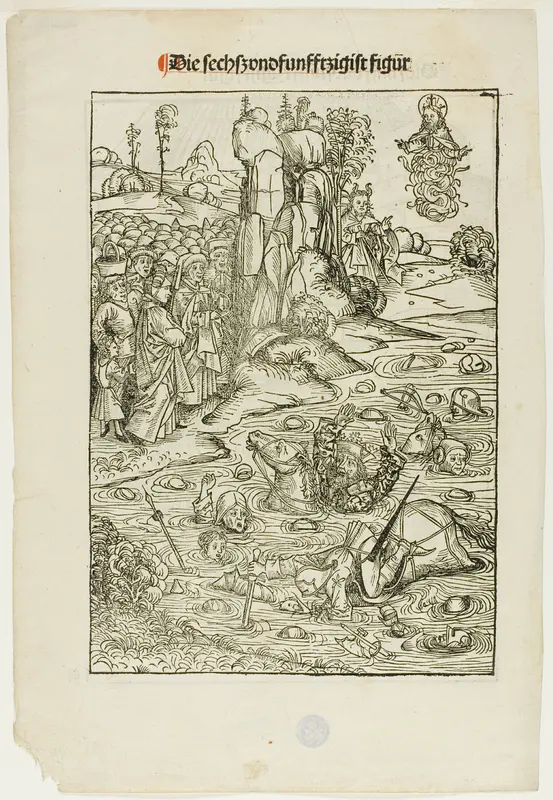Pharoah and His Host Perishing in the Red Sea (verso); The Freeing of King Joachim of Jerusalem (recto), pages 56 and 55, from the Treasury (Schatzbehalter) Wall Art by Michel Wolgemut - High-Resolution Digital Print