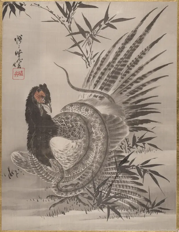 Pheasant Caught by a Snake Wall Art by Kawanabe Kyōsai 河鍋暁斎 - High-Resolution Digital Print