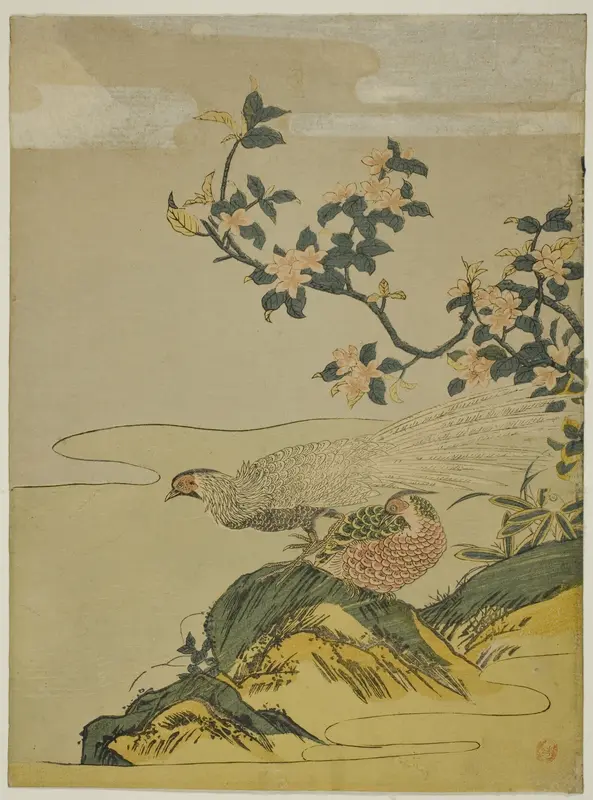 Pheasants under Branch of Peach Blossoms Wall Art by Isoda Koryusai - High-Resolution Digital Print