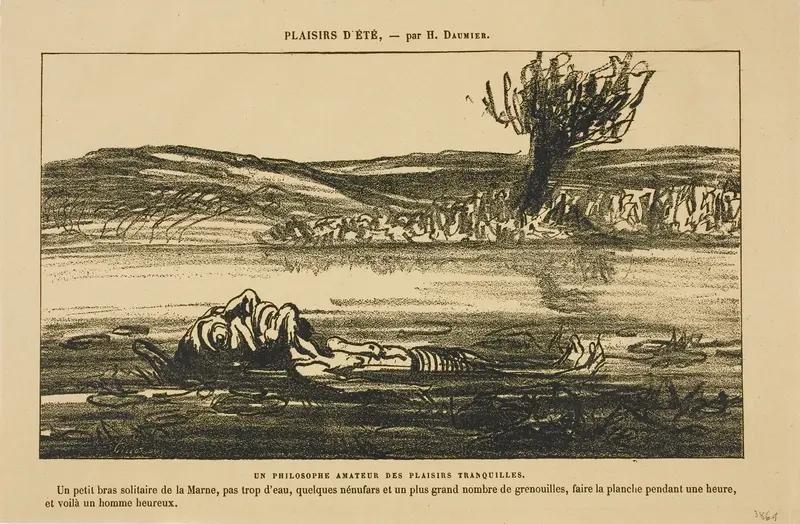 Philosophical Contemplations of a Lover of Silent Pleasures. To float on the back for an hour in a quiet tributary of the Marne with little water, some water lilies and lots of frogs: that's what makes a man happy!, from Les Baigneurs