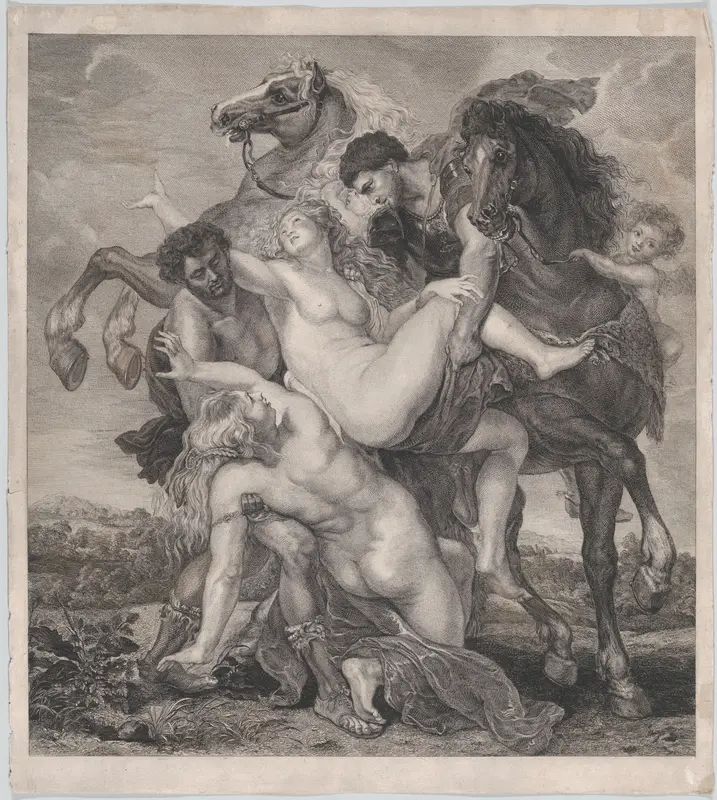 Phoebe and Hilaeria, the daughters of Leucippus, being abducted by Castor and Pollux Wall Art by Johann Friedrich Leybold - High-Resolution Digital Print