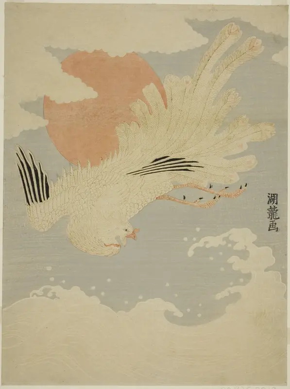 Phoenix Flying Over Waves in front of Morning Sun Wall Art by Isoda Koryusai - High-Resolution Digital Print
