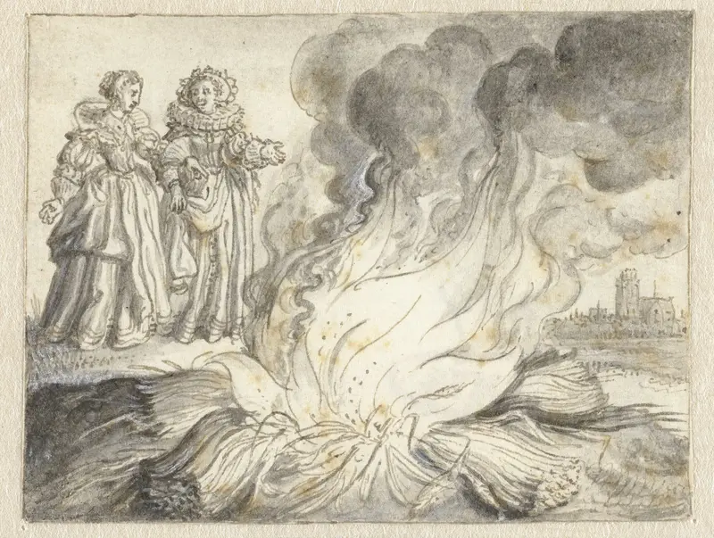 Phyllis en Anna bij een stapel brandend stro Wall Art by Adriaen Pietersz van de Venne - High-Resolution Digital Print