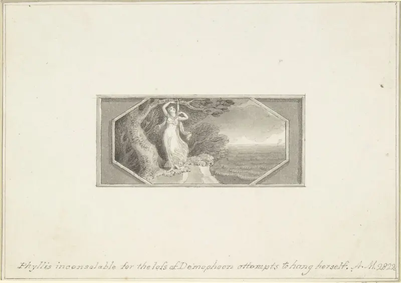 Phyllis inconsolable for the loss of Demophoon, attempts to hang herself Wall Art by Edward Francis Burney - High-Resolution Digital Print