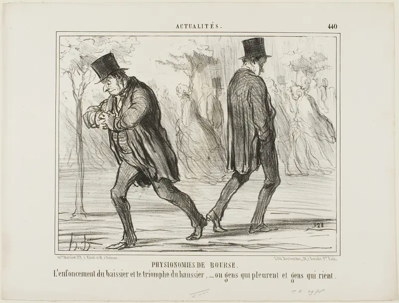 Physiognomy of the Stock Exchange. The despair of the baissier and the triumph of the haussier - or crying and laughing, plate 440 from Actualités