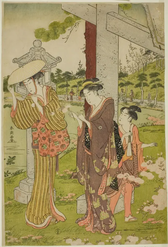 Picking Flowers at Kumano Junisha Shrine in Tsunohazu Wall Art by Katsukawa Shunchô - High-Resolution Digital Print