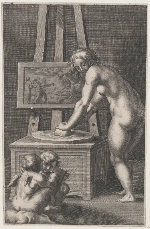Pictura: allegory of painting, with a nude woman at center grinding pigments, two putti drawing at lower left Wall Art by Anonymous - High-Resolution Digital Print