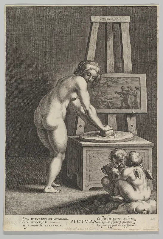 Pictura: allegory of painting, with a nude woman at center grinding pigments, two putti drawing at lower right Wall Art by Cornelis Galle I - High-Resolution Digital Print