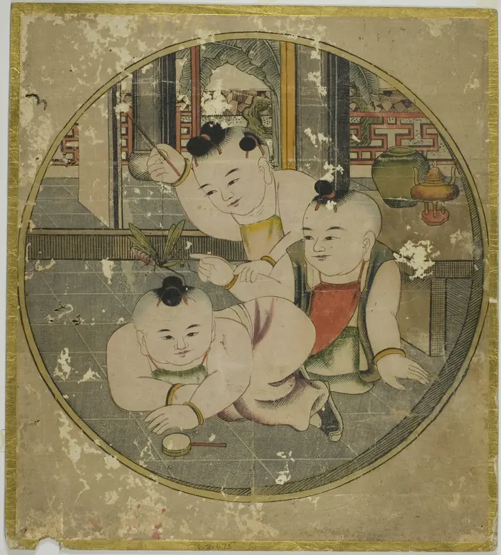Picture of Mantis and Three Children 蟷螂三童図 (Tourou sandou zu) Wall Art by Unknown artist - High-Resolution Digital Print