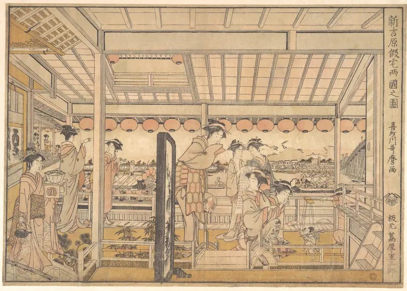Picture of the Temporary Lodgings of the New Yoshiwara Pleasure Quarter at Ryōgoku  (Shin Yoshiwara Karitaku Ryogoku no zu) Wall Art by Kitagawa Utamaro - High-Resolution Digital Print