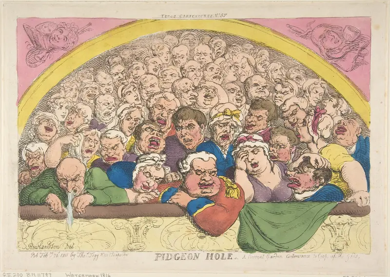 Pidgeon Hole. A Convent Garden Contrivance to Coop up the Gods Wall Art by Thomas Rowlandson - High-Resolution Digital Print