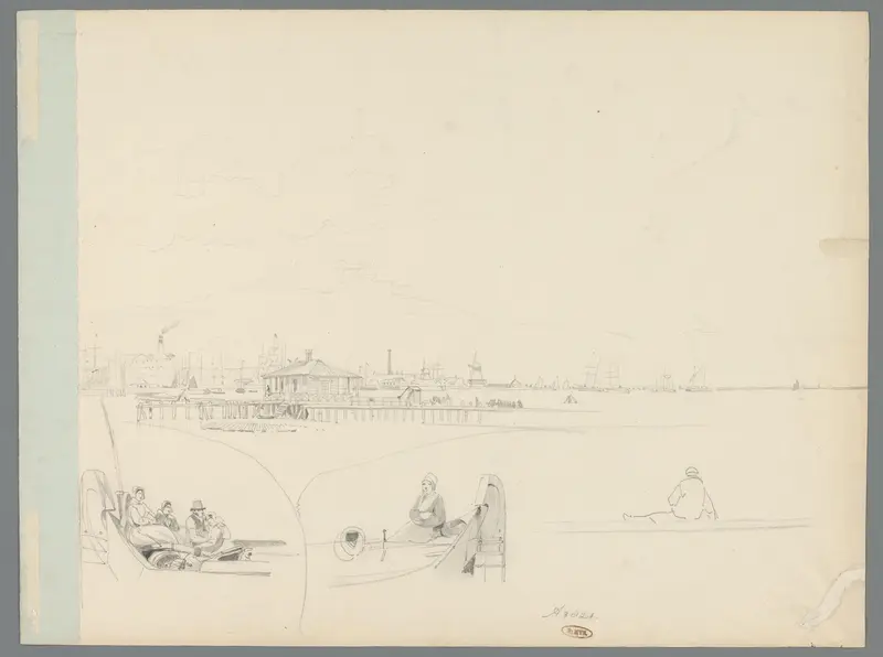 Pier bij een havenstad en schetsen van passagiers Wall Art by Willem Anthonie van Deventer - High-Resolution Digital Print
