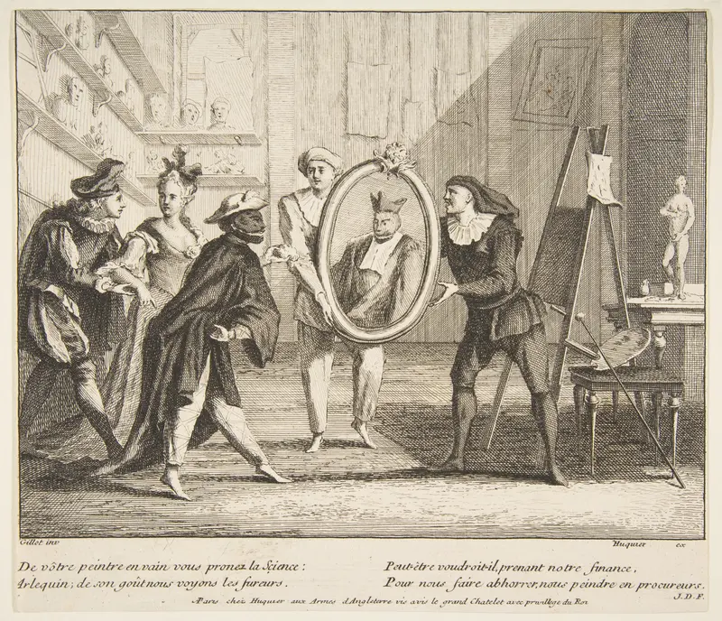 Pierrot and Scaramouche show the portrait of Harlequin Wall Art by Claude Gillot - High-Resolution Digital Print