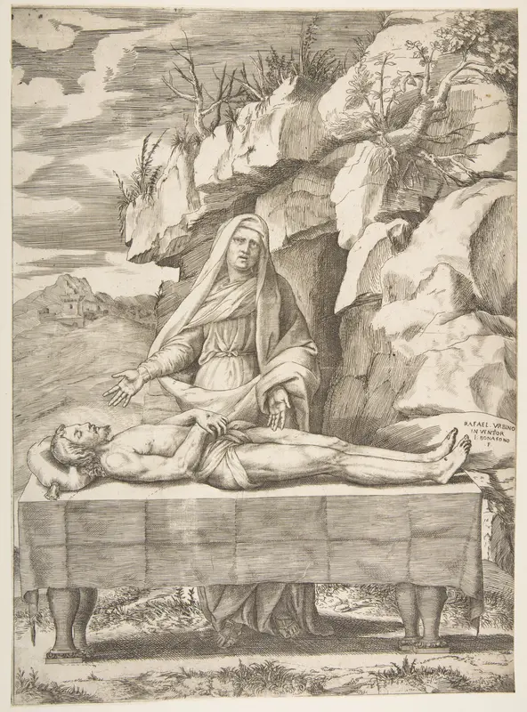 Pietà, Christ stretched out on a table in a landscape, the Virgin standing behind arms open Wall Art by Giulio Bonasone - High-Resolution Digital Print