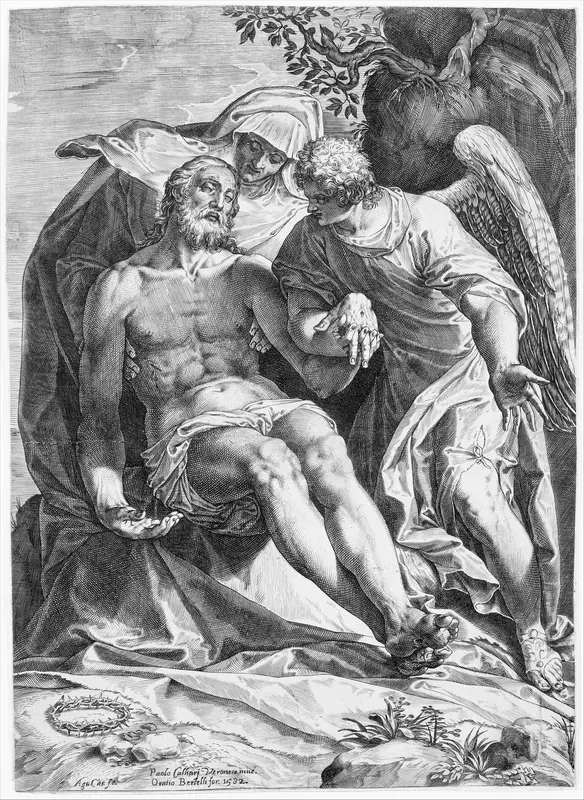 Pietà: Christ supported by the Virgin and an angel at the right Wall Art by Agostino Carracci - High-Resolution Digital Print