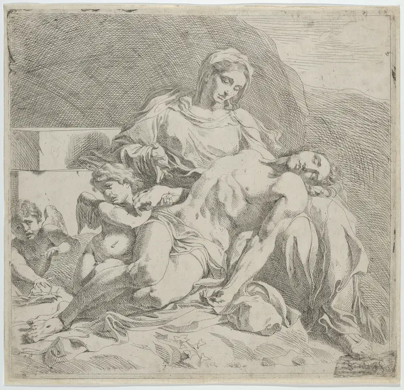 Pietà, the dead Christ supported by the Virgin, putti at the left Wall Art by Joost de Pape - High-Resolution Digital Print