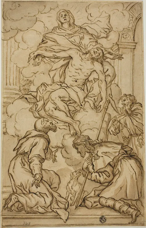 Pieta, with Saints Francis, Roch, and Third Male Saint Wall Art by Style of Pietro Antonio di Pietri - High-Resolution Digital Print