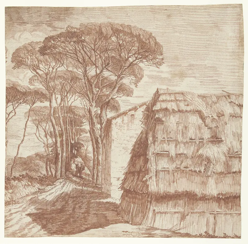 Pijnboomlaantje met huizen en een plaggenhut op de voorgrond Wall Art by anonymous - High-Resolution Digital Print