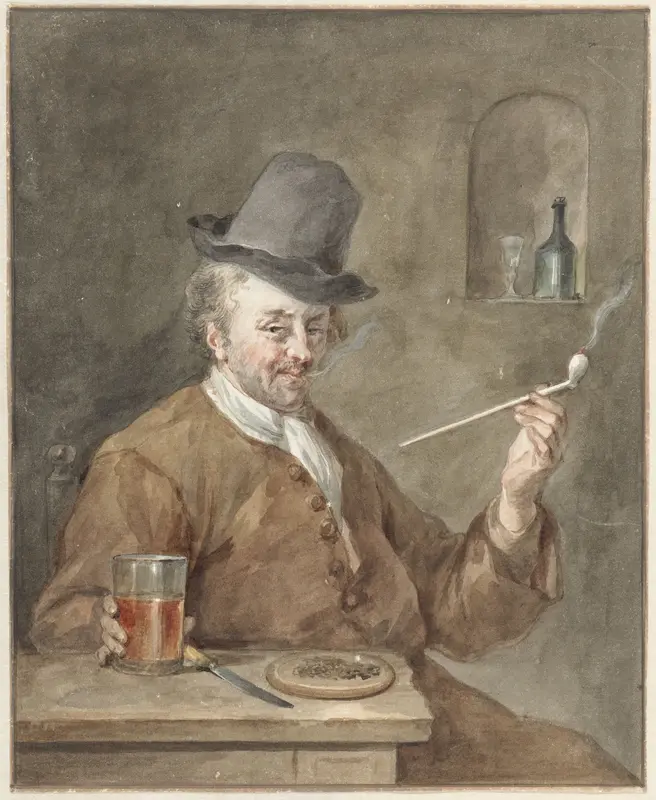 Pijprokende man aan een tafel met een bord, een mes en een glas Wall Art by Aert Schouman - High-Resolution Digital Print
