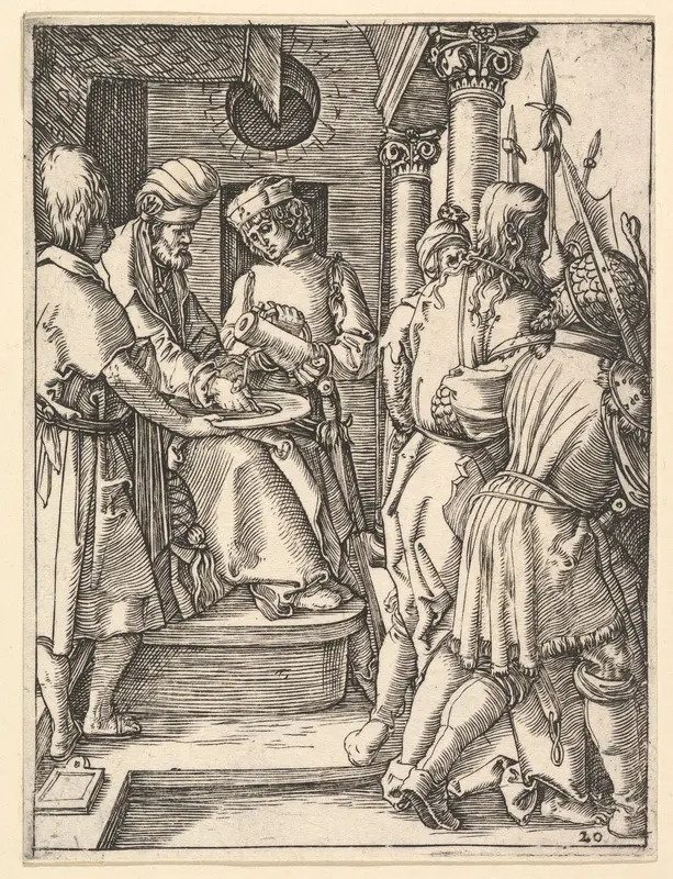 Pilate sitting on throne and washing hands while Christ is lead away by henchmen, from "The Passion of Christ", after Dürer