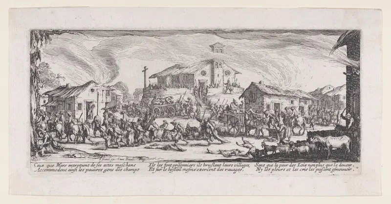 Pillage et Incendie d'un Village (Looting and Burning of a Village), fromLes Misères et les Mal-Heures de la Guerre (The Miseries and Misfortunes of War), plate 7 Wall Art by Jacques Callot - High-Resolution Digital Print