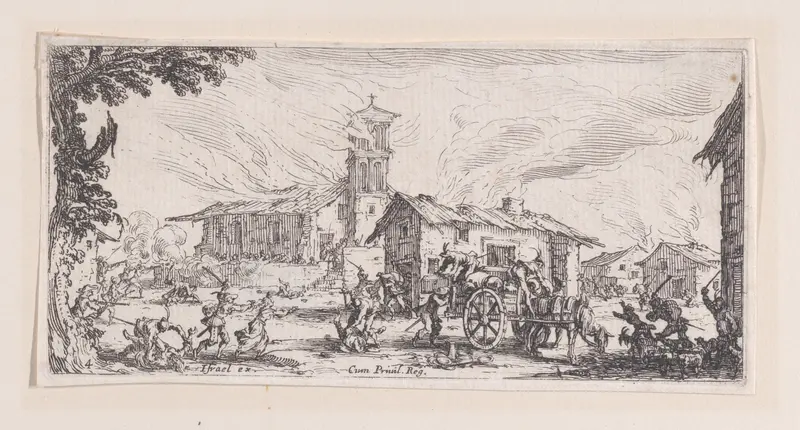 Pillage et Incendie d'un Village (Looting and Burning of a Village), plate 4 from "Les Petites Misères de la Guerre" (The Little Miseries of War) Wall Art by Jacques Callot - High-Resolution Digital Print