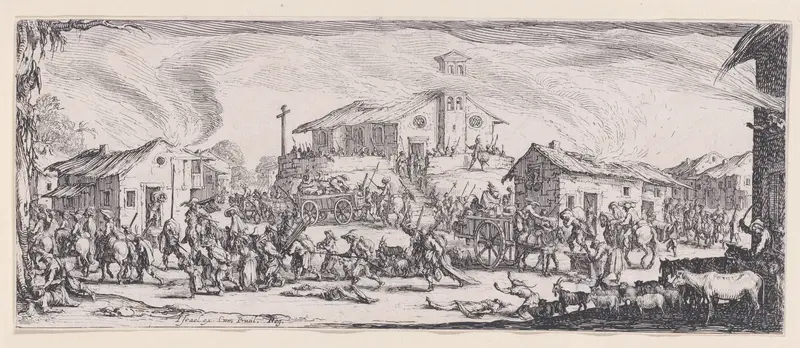 Pillage et Incendie d'un Village (Looting and Burning of a Village), plate 7 from "Les Misères et les Mal-Heures de la Guerre" (The Miseries and Misfortunes of War) Wall Art by Jacques Callot - High-Resolution Digital Print
