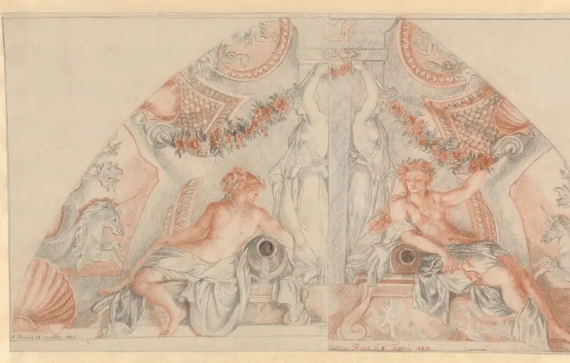 Plafonddecoratie met stroomgodinnen en guirlandes Wall Art by Unknown - High-Resolution Digital Print
