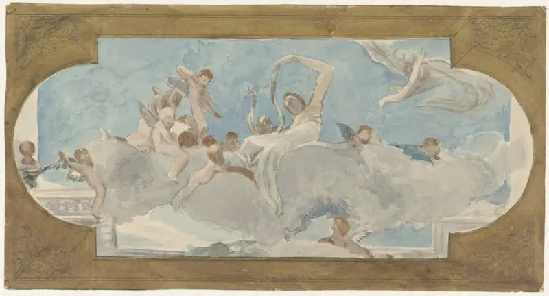 Plafondschildering met figuren gezeten op wolken Wall Art by Wilhelm Cornelis Bauer - High-Resolution Digital Print