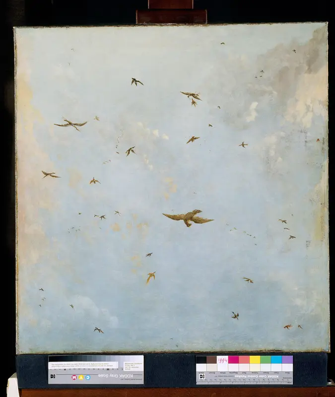 Plafondschildering van een poppenhuis voorstellende een wolkenlucht met vogels Wall Art by Unknown - High-Resolution Digital Print