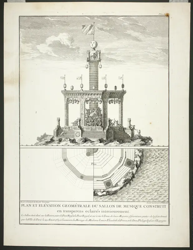 Plan and Elevation of a Music Room, plate three from Description des Festes Données par la Ville de Paris Wall Art by Jacques François Blondel - High-Resolution Digital Print