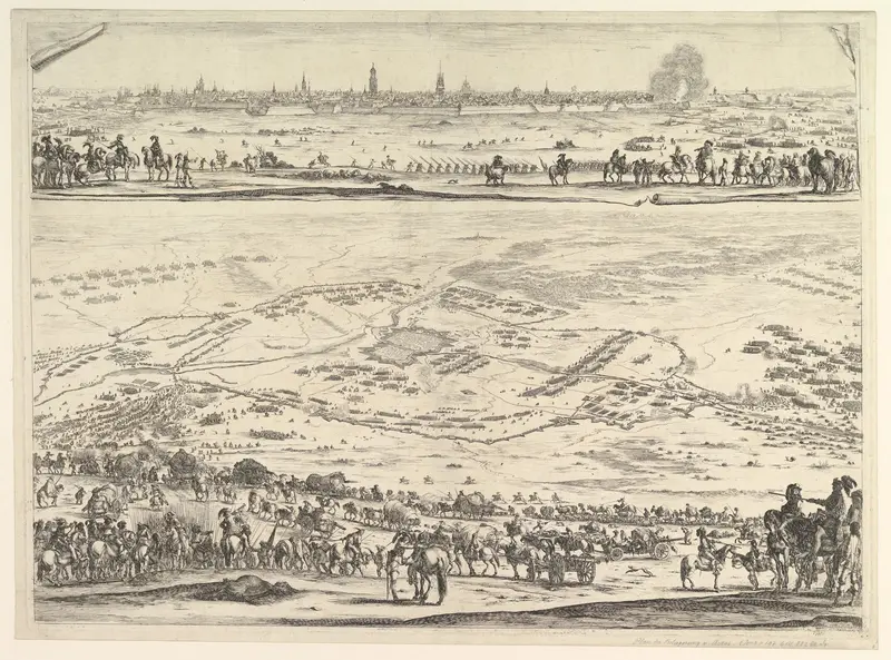 Plan and view of the siege of Arras: lower part of the plate with a topographical view with troops in the foreground descending a hill, upper part of the plate with a view of the town Wall Art by Stefano della Bella - High-Resolution Digital Print