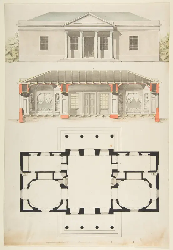 Plan, Elevation, and Section for a Single Story Pavilion Wall Art by Anonymous, French, 18th century - High-Resolution Digital Print
